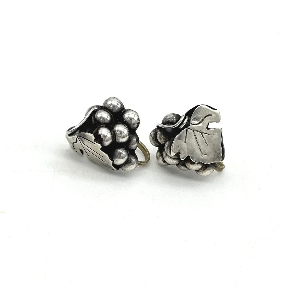 Vintage Sterling Silver Grape Cluster Screw‎ Back Earrings